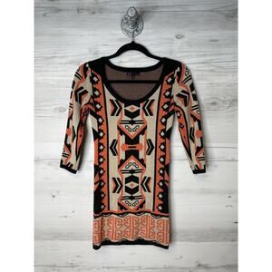 t/o Sweater Dress Womens XS Black Orange Beige Aztec Tribal Knit 3/4 Sleeve